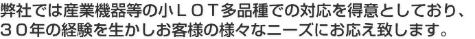弊社では産業機器等の小LOT多品種での対応を得意としており、30年の経験を生かしお客様の様々なニーズにお応え致します。